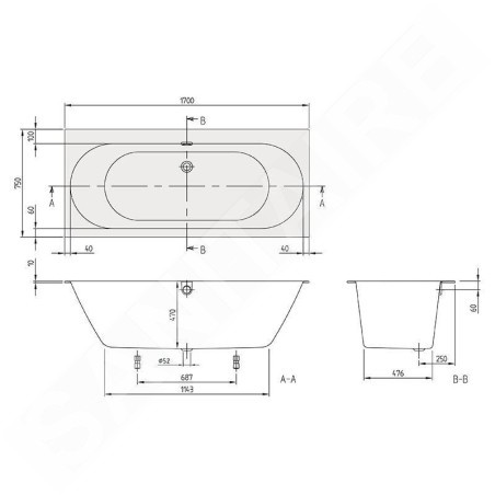 Villeroy & Boch Oberon 2.0 - Baignoire 1700x750x470 mm, Quaryl, blanc UBQ170OBR2DV-01