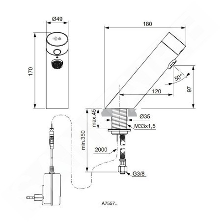 Ideal Standard SensorFlow - Mitigeur de lavabo à capteur sans mélangeur, alimentation secteur, chrome A7557AA