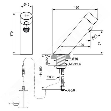 Ideal Standard SensorFlow - Mitigeur de lavabo à capteur sans mélangeur, alimentation réseau, onyx noir A7557B3
