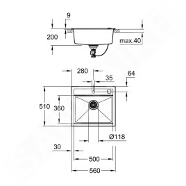 Grohe Éviers - Évier composite K700 avec garniture de vidage automatique, 560x510 mm, noir granite 31651AP0