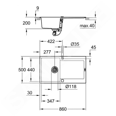 Grohe Éviers - Évier composite K500 avec garniture de vidage automatique, 860x500 mm, noir granite 31644AP0
