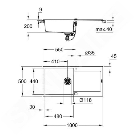 Grohe Éviers - Évier composite K500 avec garniture de vidage automatique, 1000x500 mm, noir granite 31645AP0