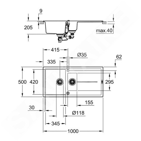 Grohe Éviers - Évier composite K400 avec garniture de vidage automatique, 1000x500 mm, noir granite 31642AP0