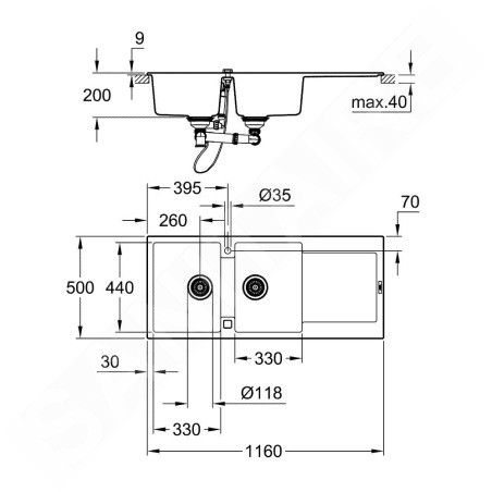 Grohe Éviers - Évier composite K500 avec garniture de vidage automatique, 1160x500 mm, noir granite 31647AP0