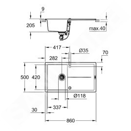 Grohe Éviers - Évier composite K400 avec garniture de vidage automatique, 860x500 mm, noir granite 31640AP0