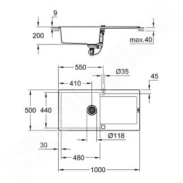 Grohe Éviers - Évier composite K500 avec garniture de vidage automatique, 1000x500 mm, gris granite 31645AT0
