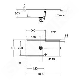 Grohe Éviers - Évier composite K400 avec garniture de vidage automatique, 1000x500 mm, noir granite 31641AP0