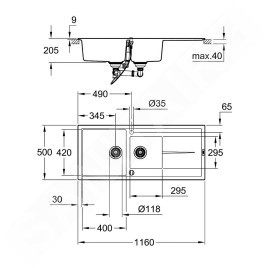 Grohe Éviers - Évier composite K400 avec garniture de vidage automatique, 1160x500 mm, noir granite 31643AP0