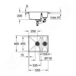 Grohe Éviers - Évier composite K500 avec garniture de vidage automatique, 555x460 mm, noir granite 31648AP0