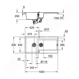 Grohe Éviers - Évier composite K500 avec garniture de vidage automatique, 1000x500 mm, noir granite 31646AP0