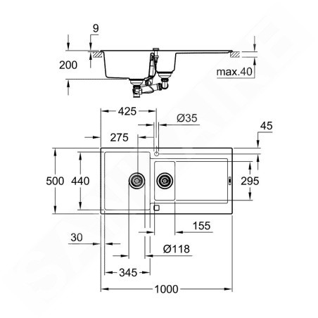Grohe Éviers - Évier composite K500 avec garniture de vidage automatique, 1000x500 mm, noir granite 31646AP0