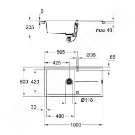 Grohe Éviers - Évier composite K400 avec garniture de vidage automatique, 1000x500 mm, noir granite 31641AT0