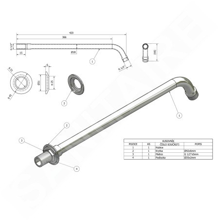 Aqualine Accessoires - Bras de douche 420 mm, chromé T04