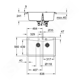 Grohe Éviers - Évier composite K700 avec vidage, 838x559 mm, noir granite 31657AP0