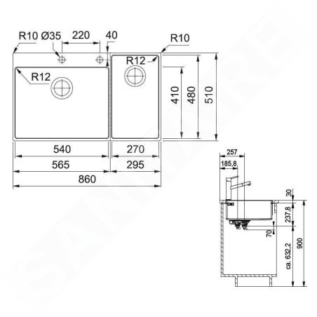 Franke Box Center - Évier BWX 220/620-54-27/2, 860x510 mm, inox 127.0538.260