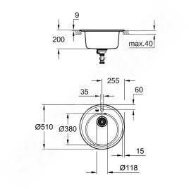 Grohe Éviers - Évier composite K200 avec garniture de vidage automatique, diamètre 510 mm, noir granite 31656AT0