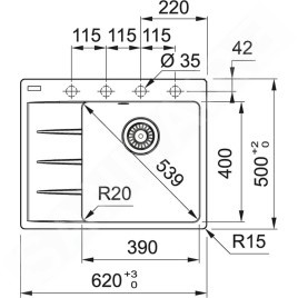 Franke Colonnes - Set G215, évier en fragranit CNG 611-62 TL / 2 et mitigeur FC 3055.424, cachemire / chrome 114.0650.770