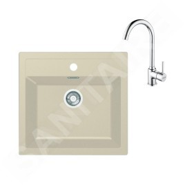 Franke Colonnes - Ensemble de cuisine T102, évier en tectonite SID 610 et mitigeur FP 9000.031, beige / chrome 143.0675.722