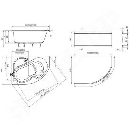 Ravak Rosa I - Baignoire asymétrique 140 R, 1400x1050 mm, droite, blanc CV01000000