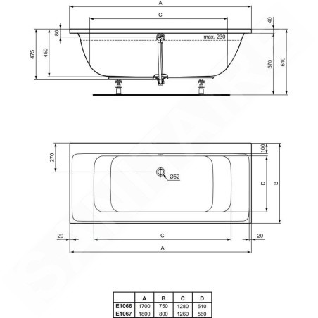 Ideal Standard Connect Air - Baignoire DUO 1.700x750 mm, blanc E106601