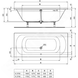 Ideal Standard Hotline - Baignoire DUO 1.800x800 mm, blanc K275001