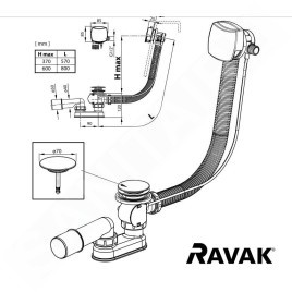 Ravak Garnitures de vidage - Set garniture de vidage et trop-plein de bain, longueur 800 mm, bowden, chrome X01506