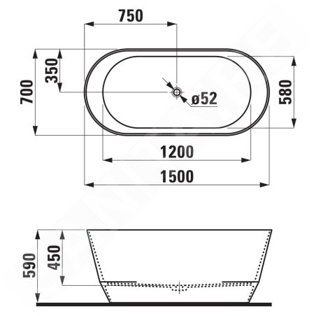 Laufen Pro - Baignoire ilôt 1500x700x590 mm, avec bonde, blanc H2439520000001