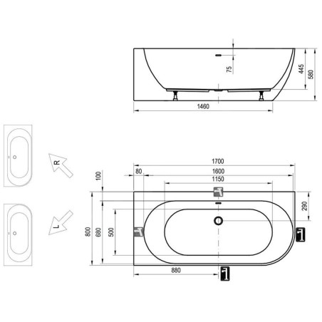 Ravak Freedom Corner - Baignoire 170x80 cm, à gauche, blanc XC00100043