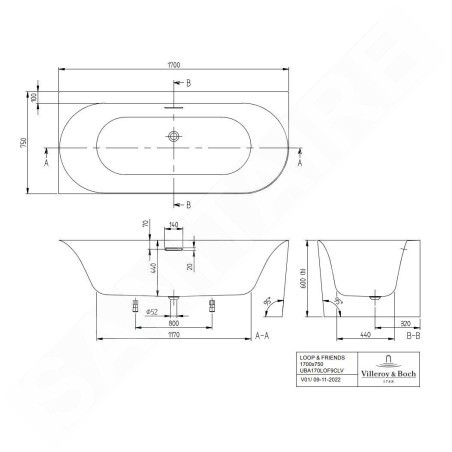 Villeroy & Boch Loop&Friends - Baignoire 170x75 cm, à gauche, blanc alpin UBA170LOF9CL00V-01