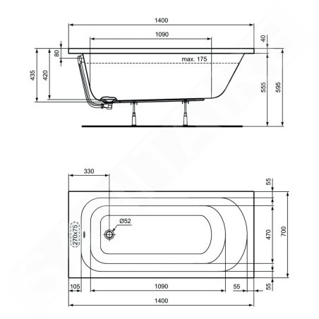 Ideal Standard Simplicity - Baignoire 1.500x700 mm, blanc W004201