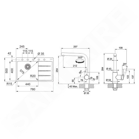 Franke Colonnes - Set de cuisine G251O, évier en fragranit CNG 611-78 TL/2 + robinet FS 3230.031, onyx / chrome 114.0700.689