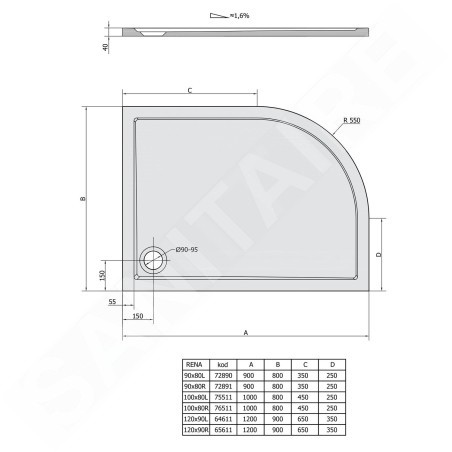Polysan Receveurs de douche - Receveur de douche RENA R, 1000x800 mm, R550, droit, blanc 76511