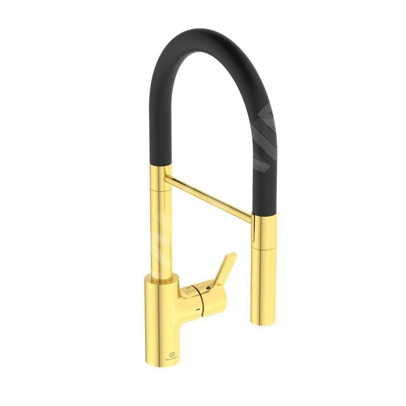 Ideal Standard Gusto - Mitigeur d´évier avec bras flexible et douchette, installation à 2 trous, or brossé/noir BD417A2