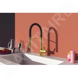 Ideal Standard Gusto - Mitigeur d´évier avec bras flexible et douchette, installation à 2 trous, or brossé/noir BD417A2