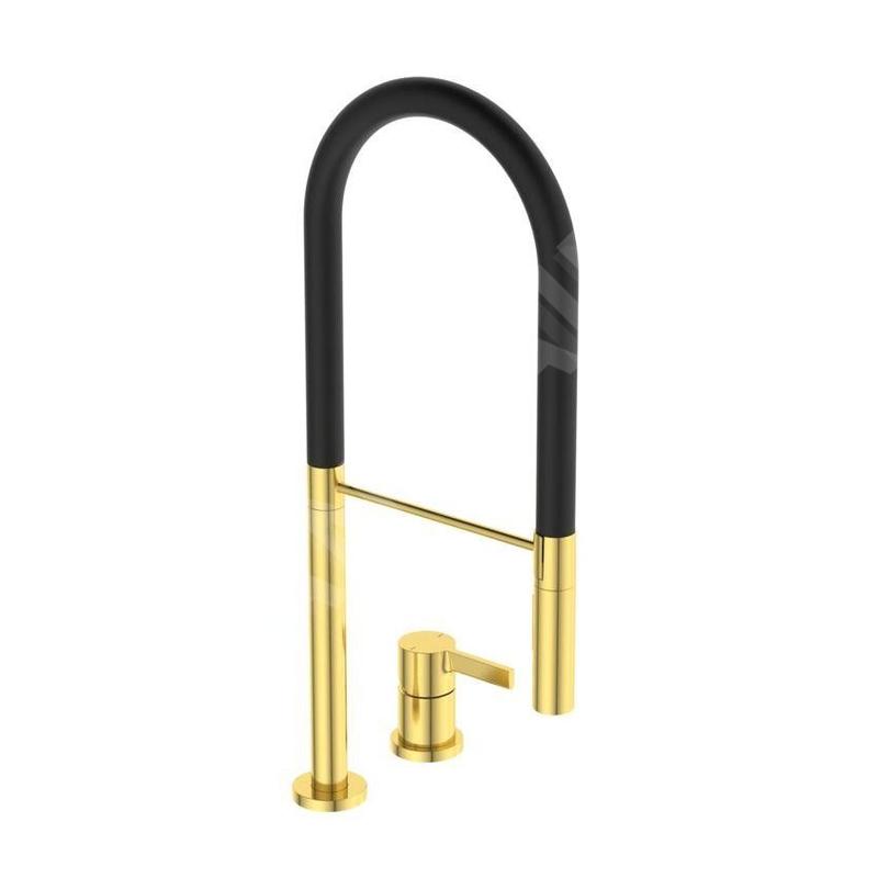 Ideal Standard Gusto - Mitigeur d´évier avec bras flexible et douchette, installation à 2 trous, or brossé/noir BD425A2