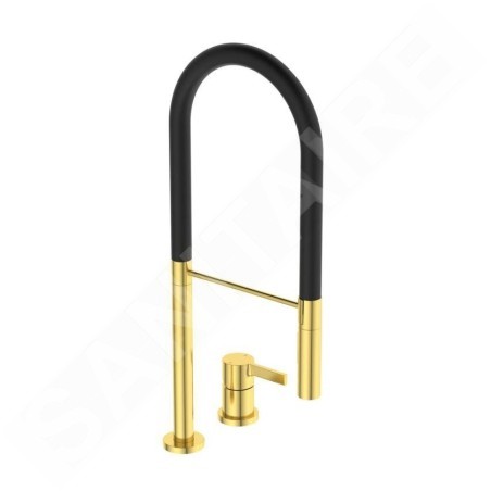 Ideal Standard Gusto - Mitigeur d´évier avec bras flexible et douchette, installation à 2 trous, or brossé/noir BD425A2