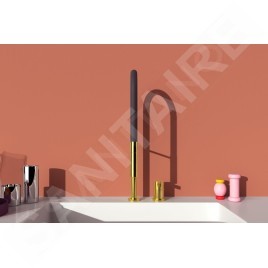 Ideal Standard Gusto - Mitigeur d´évier avec bras flexible et douchette, installation à 2 trous, or brossé/noir BD425A2