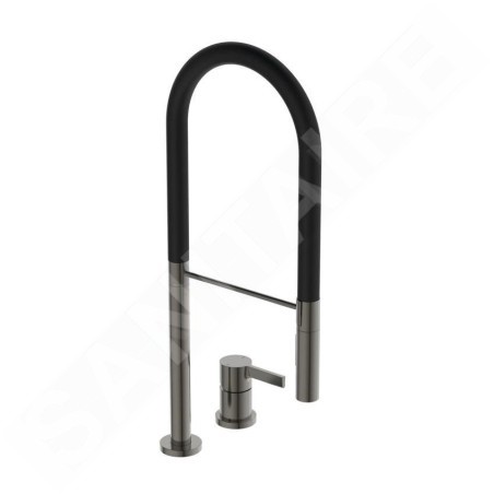 Ideal Standard Gusto - Mitigeur d´évier avec bras flexible et douchette, installation à 2 trous, gris magnétique/noir BD425A5