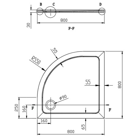 Aqualine Receveurs - Receveur de douche en quart de cercle TECMI, 800x800x30 mm, blanc PQ558