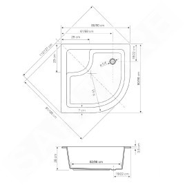 Aqualine Receveurs - Receveur de douche 800x800x280 mm, avec pieds, R550, blanc C83