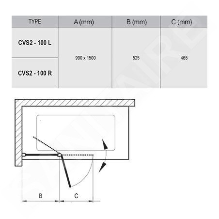 Ravak Chrome - Paroi de baignoire CVS2, gauche, 990x1500 mm, aluminium brillant/verre transparent 7QLA0C00Z1