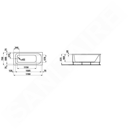 Laufen Solutions - Baignoire avec support, 1700x750 mm, blanc H2235010000001