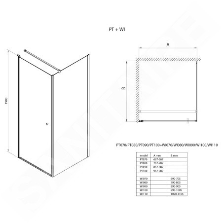 Aqualine Cabines de douche - Porte de douche Pilot, 700 mm, aluminium brillant/verre Brick PT070