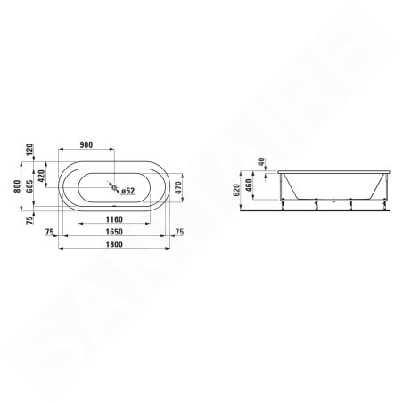 Laufen Solutions - Baignoire avec support, 1800x800 mm, blanc H2245110000001