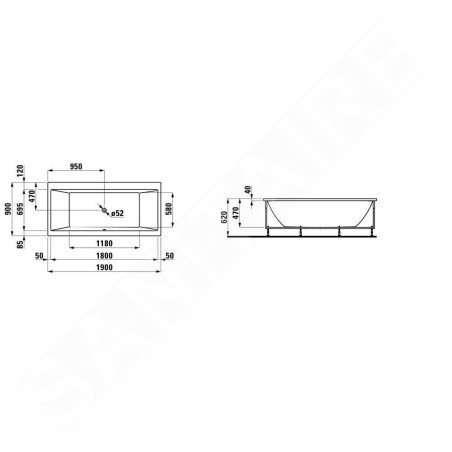 Laufen Pro - Baignoire avec support et panneau frontal droit, 1900x900 mm, blanc H2349560000001