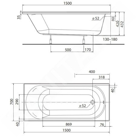 Kolo Opal Plus - Baignoire 1500x700 mm, blanc XWP1250000