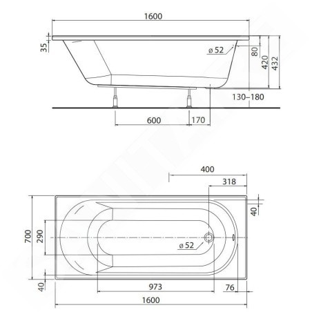 Kolo Opal Plus - Baignoire, 1600x700 mm, blanc XWP1260000