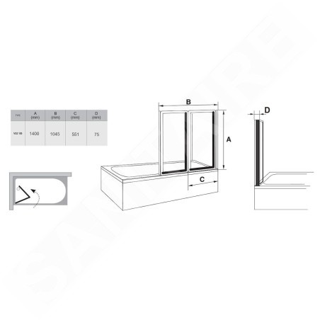 Ravak Supernova - Paroi de baignoire pliante en deux parties VS2 105, 1045x1400 mm, blanc/Grape 796M0100ZG