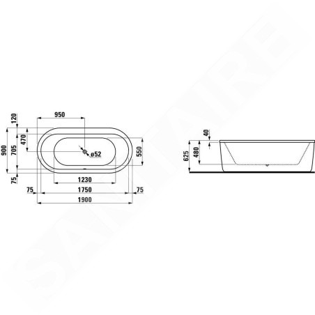 Laufen Solutions - Baignoire avec support, 1900x900 mm, blanc H2255120000001