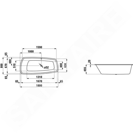 Laufen Palomba Collection - Baignoire encastrée asymétrique 1800x800 mm, blanc H2428000000001